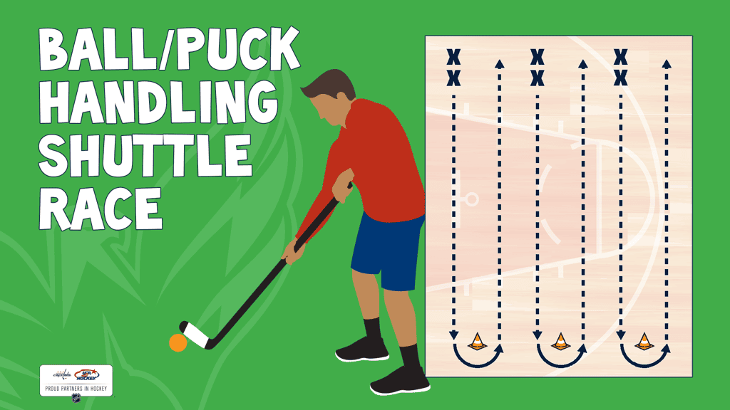 Practice your stickhandling skills by racing against some friends or timing how fast you can stickhandle down to a cone (or any other object) and back! Focus on keeping your head up and looking ahead of you instead of at the ball/puck.